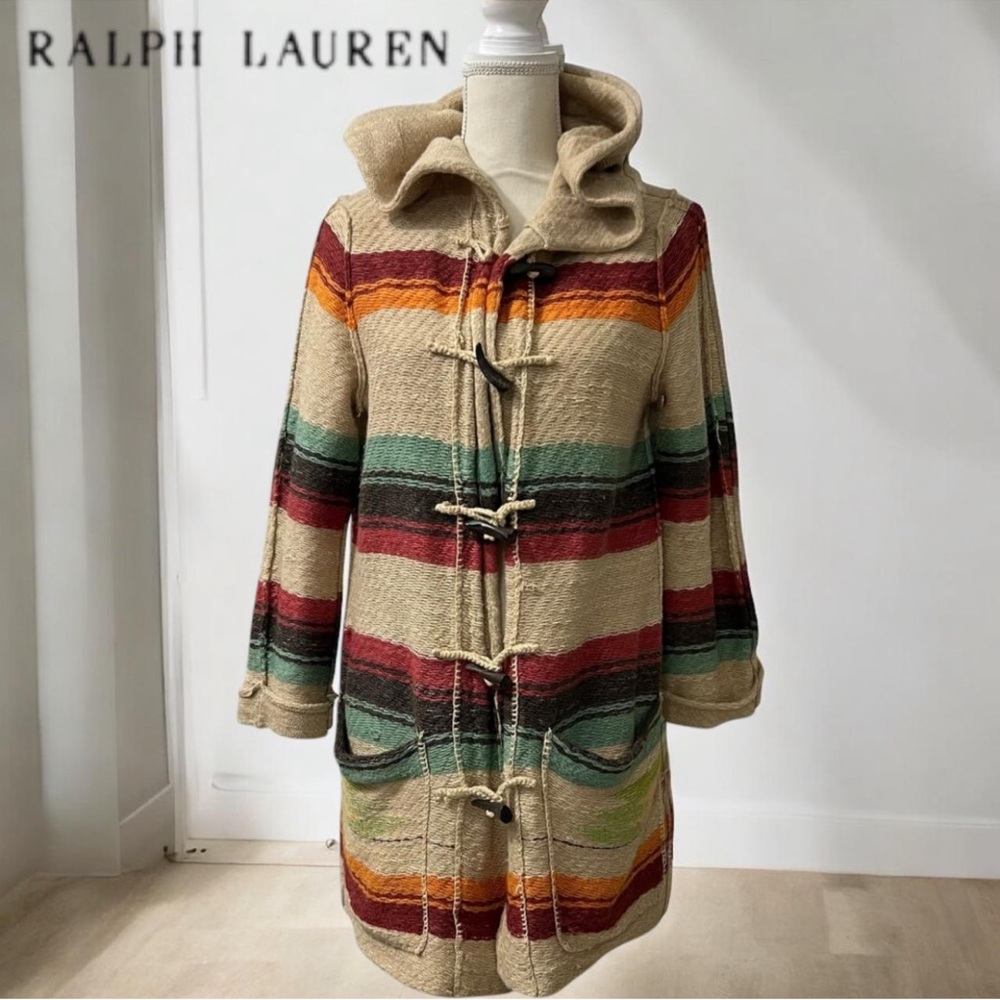 RALPH LAUREN Rare Vtg Striped Cotton Hooded Toggle Sweater Coat Woman’s Sz S